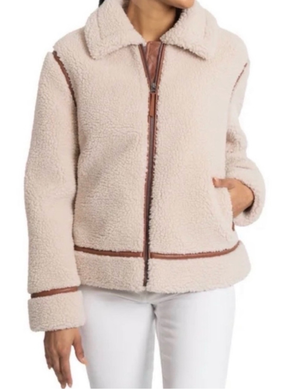 BEAR PAW Women’s Cream Sherpa Zip Jacket with Contrast Trim/ Size XXL/ Tan Color